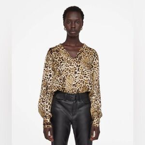 NWT Anine Bing Mylah Silk Satin Button Front Shirt in Cheetah Print $349 size XS